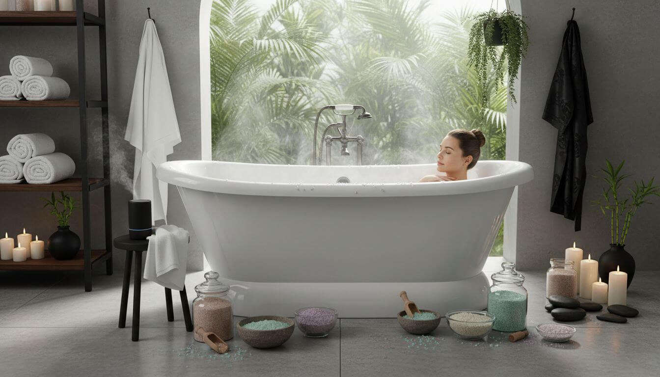 Luxurious bath with salts and spa accessories