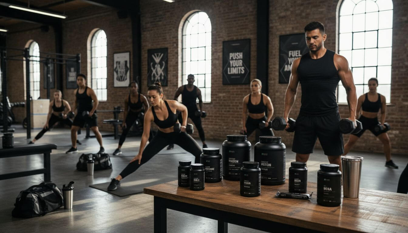 Athletes with supplements in bright training gym