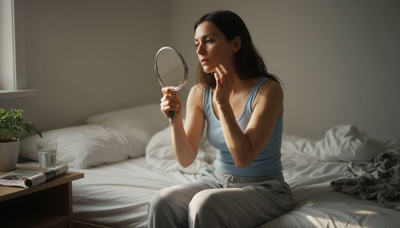 Woman examines facial skin in mirror