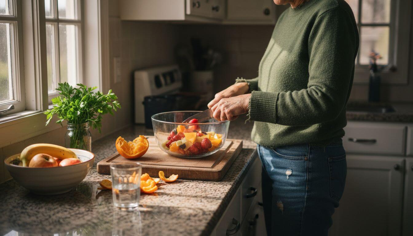 Woman slicing fruit in sunlit kitchen