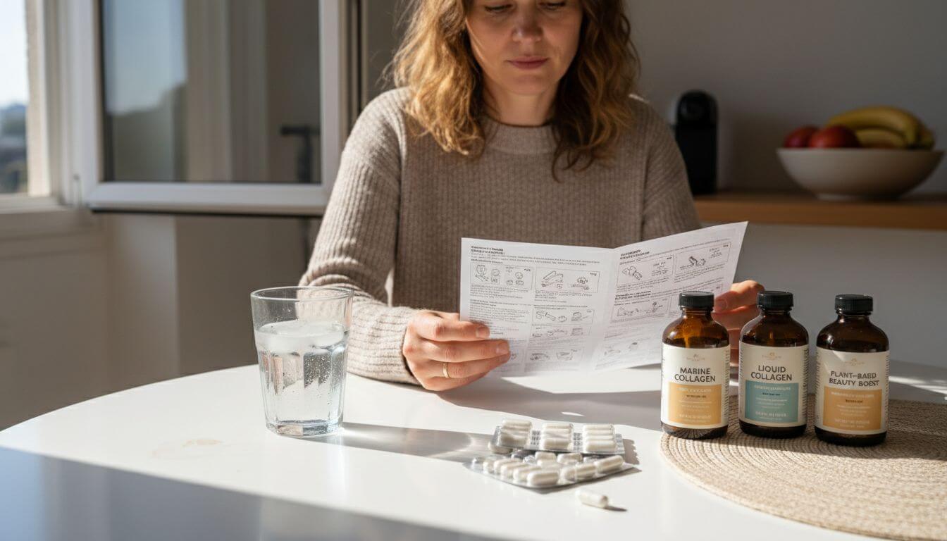Woman at table examining collagen supplements