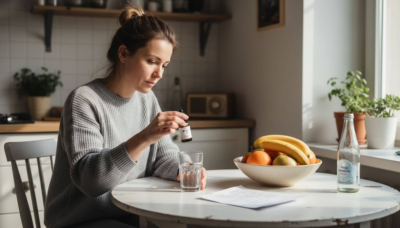 Kobieta w kuchni sięga po suplement z witaminą D.