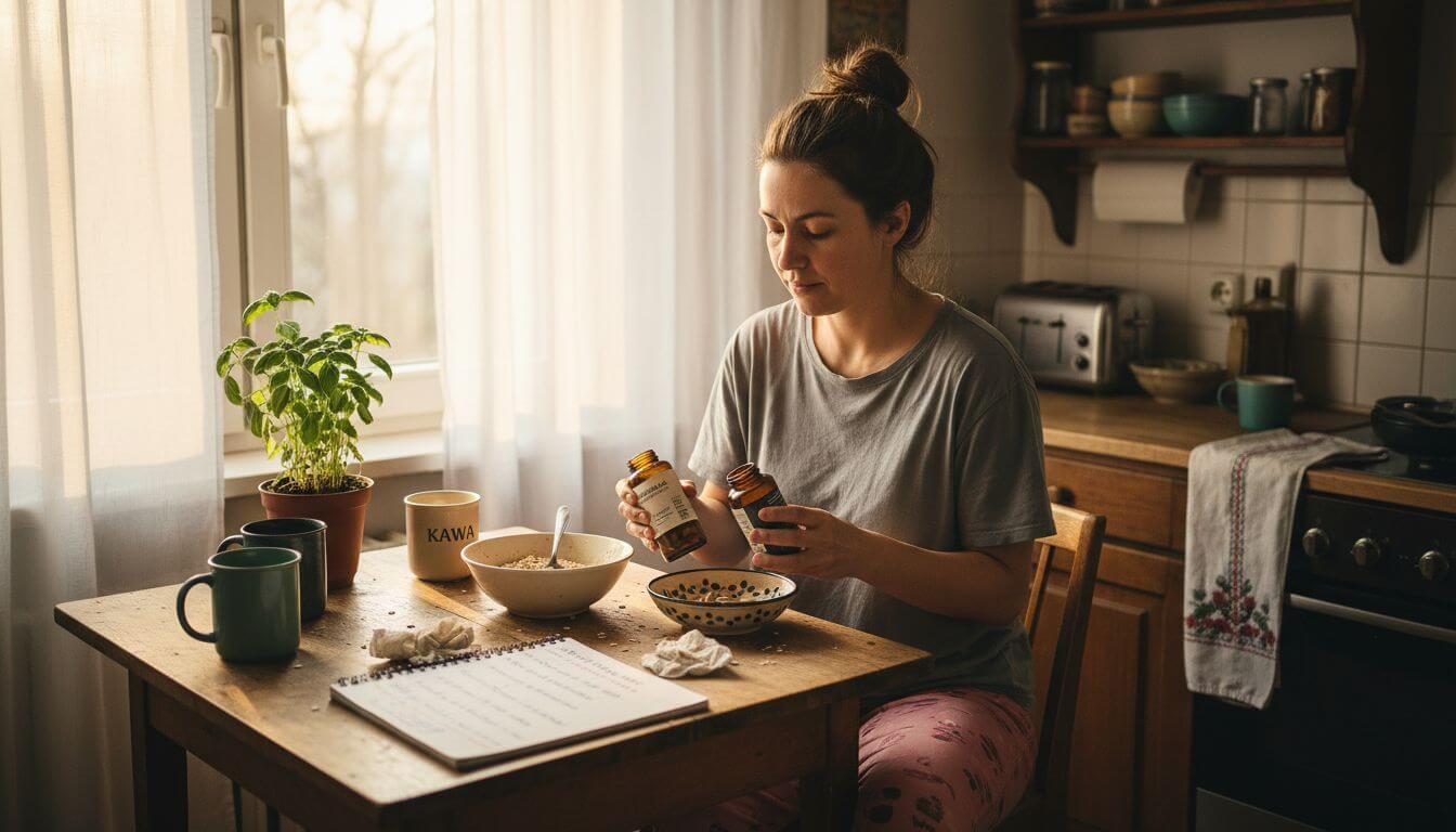 Kobieta przygotowuje domowe suplementy w słonecznej kuchni
