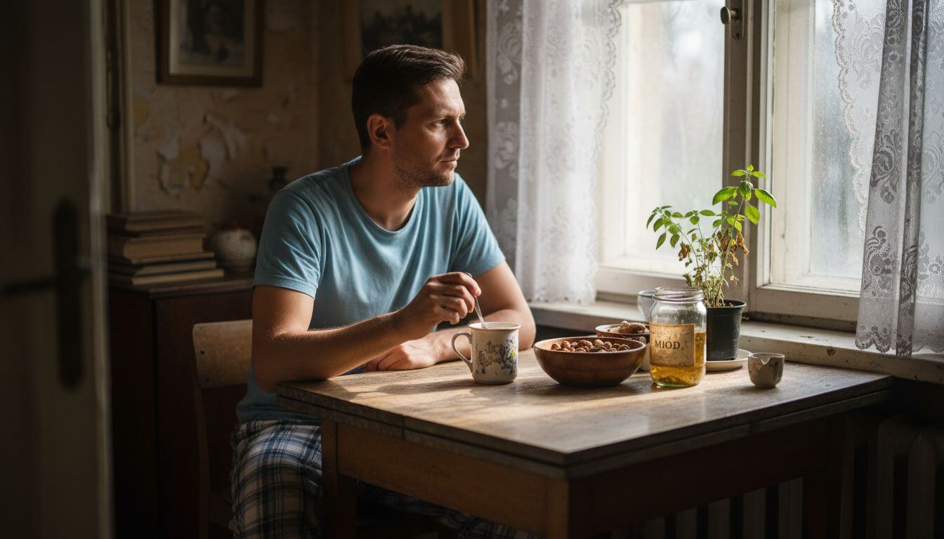 Mężczyzna delektuje się ziołową herbatą, siedząc przy przytulnym kuchennym stole.