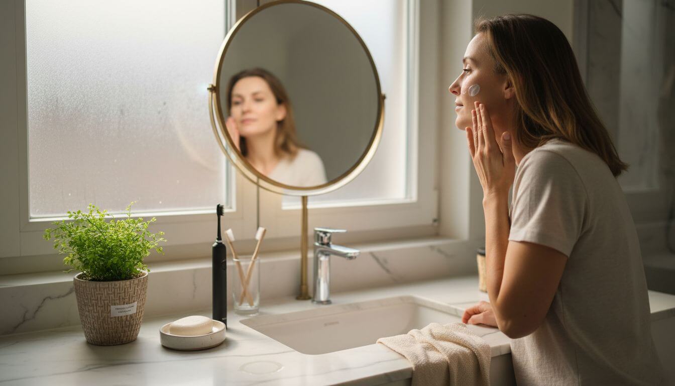 Kobieta nakłada krem, stojąc przy łazienkowej umywalce.