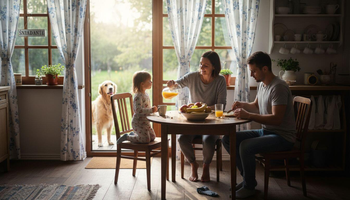 Rodzinne śniadanie w jasnej, słonecznej kuchni