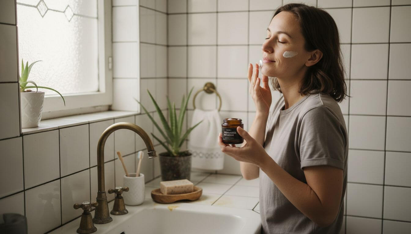 Kobieta pielęgnująca swoją cerę naturalnymi kosmetykami w jasnej, pełnej słońca łazience.