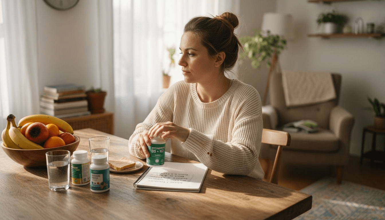 Kobieta siedzi przy kuchennym stole i zastanawia się, które suplementy wybrać.