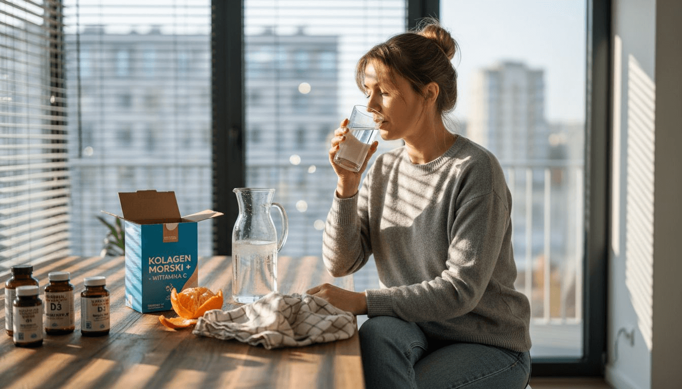 Kobieta przygotowuje napój z kolagenem w proszku