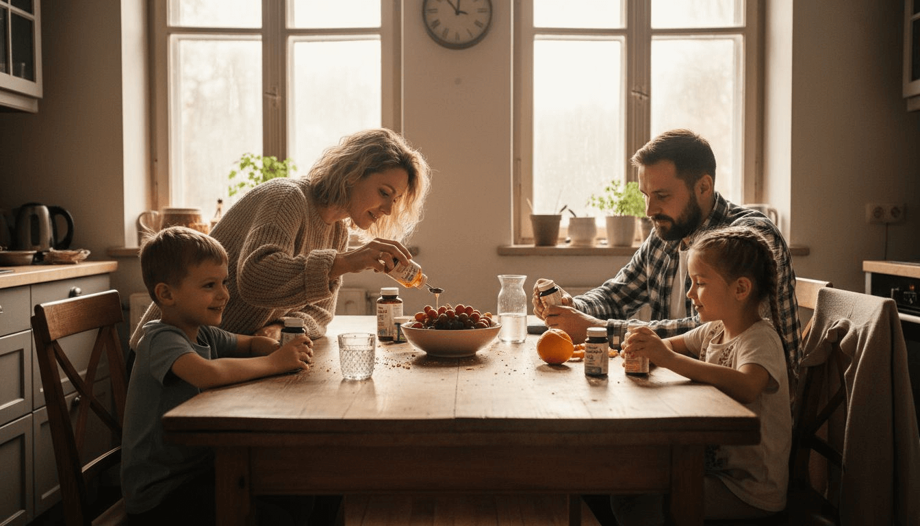 Rodzina wspólnie przy stole w kuchni sięga po witaminy, dbając o zdrowie na co dzień.